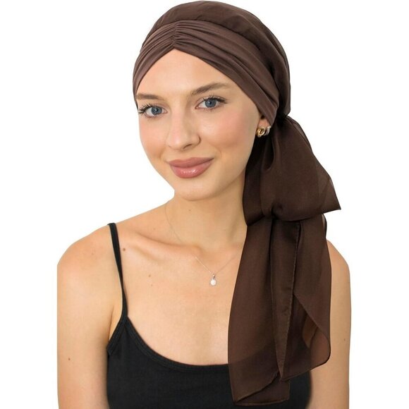Accessories - Women’s Brown Solid Scarf Skull Cap Chemo Headwear Hair Loss Turban
